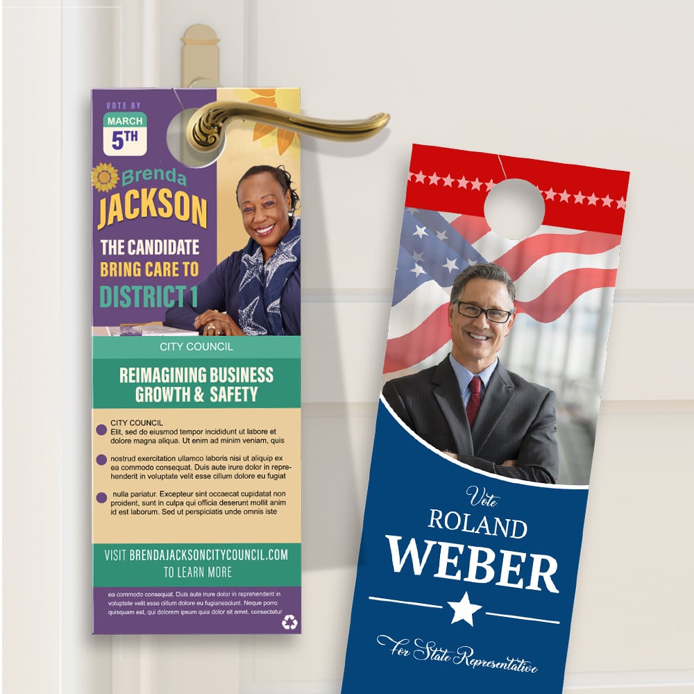 Printed political campaign door hanger displayed on residential door