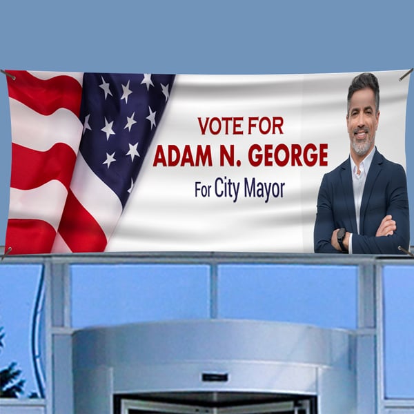 Custom political campaign banner with candidate photo and bold headline