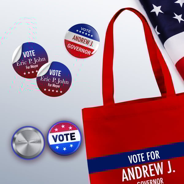 Political campaign buttons, tote bags, and promotional merchandise for elections