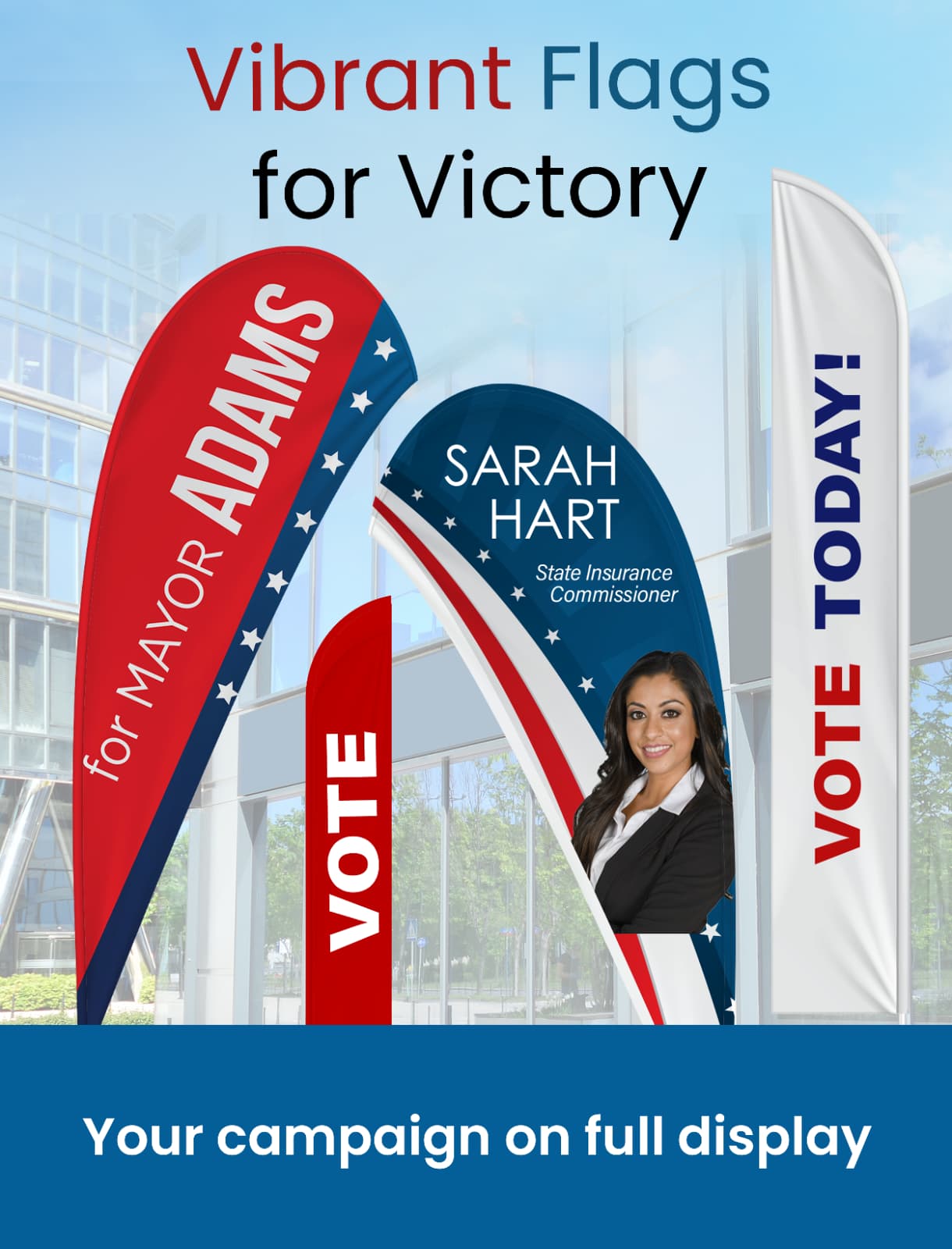 Political feather flags for outdoor campaign advertising and voter visibility