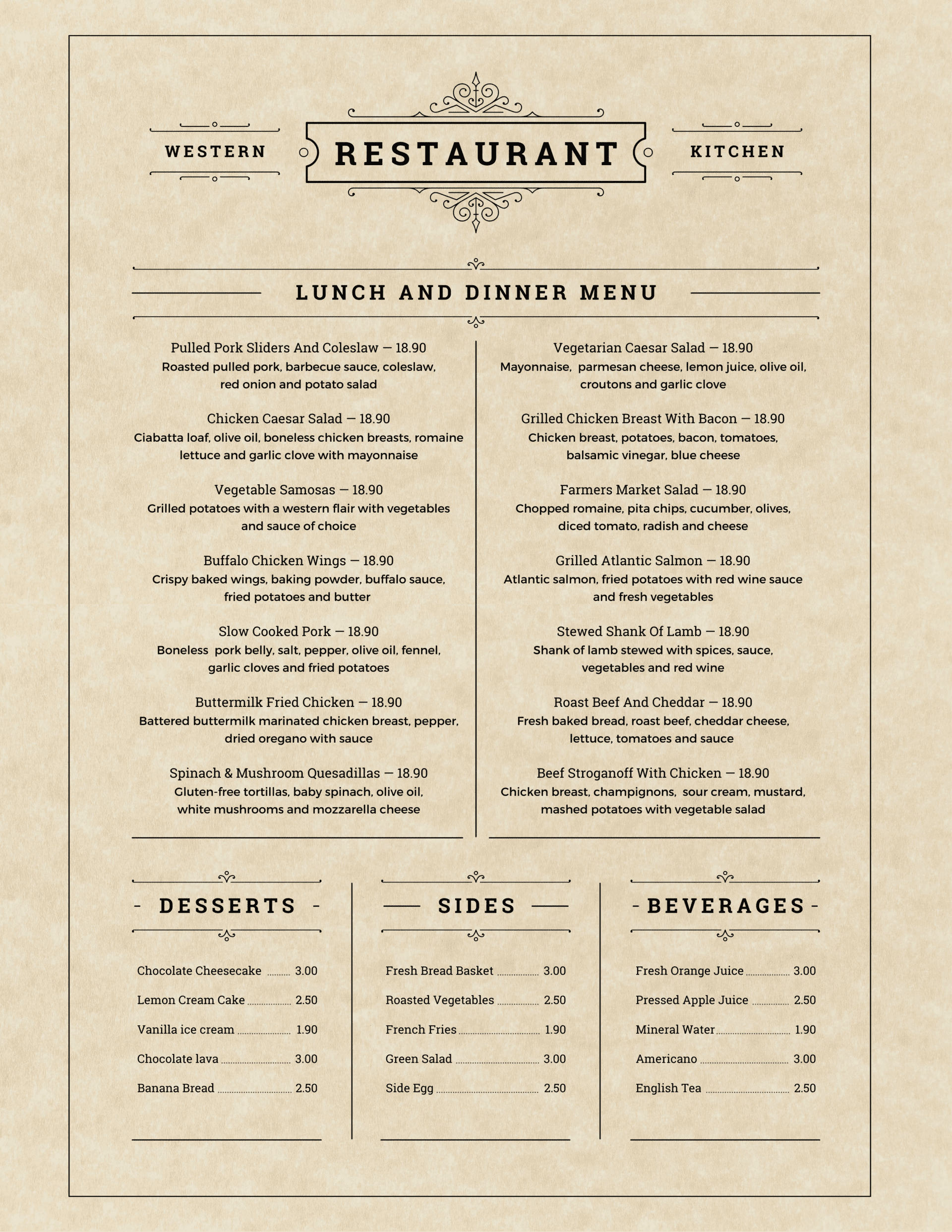 Western Kitchen Restaurant Menu Design