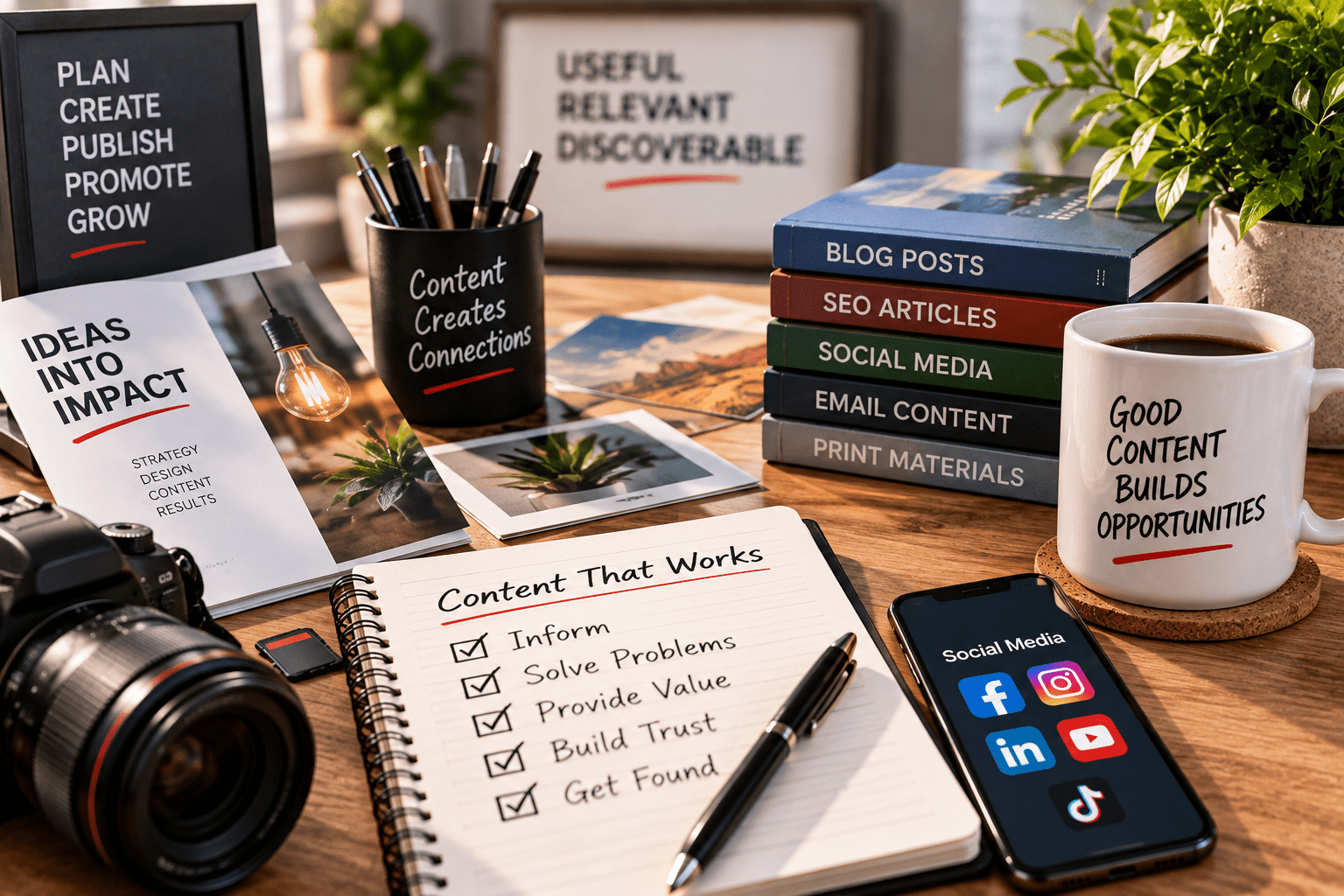Content marketing strategy featuring blog posts, SEO articles, social media and useful business content