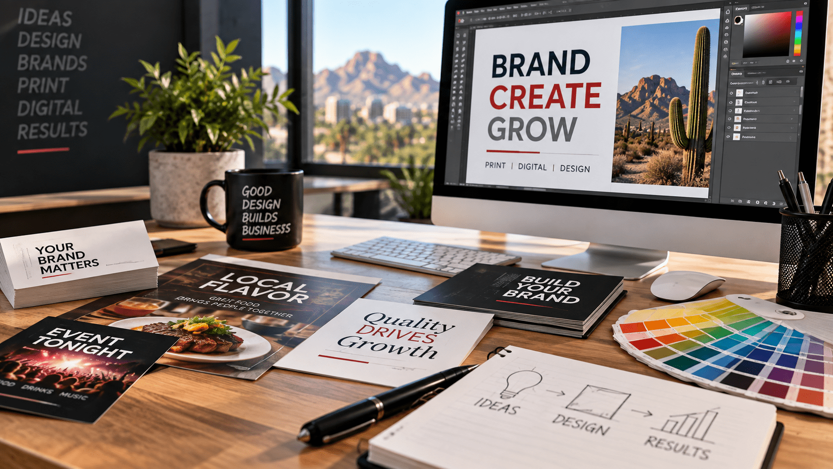 Professional graphic design workspace with branding, print materials, digital design and color samples