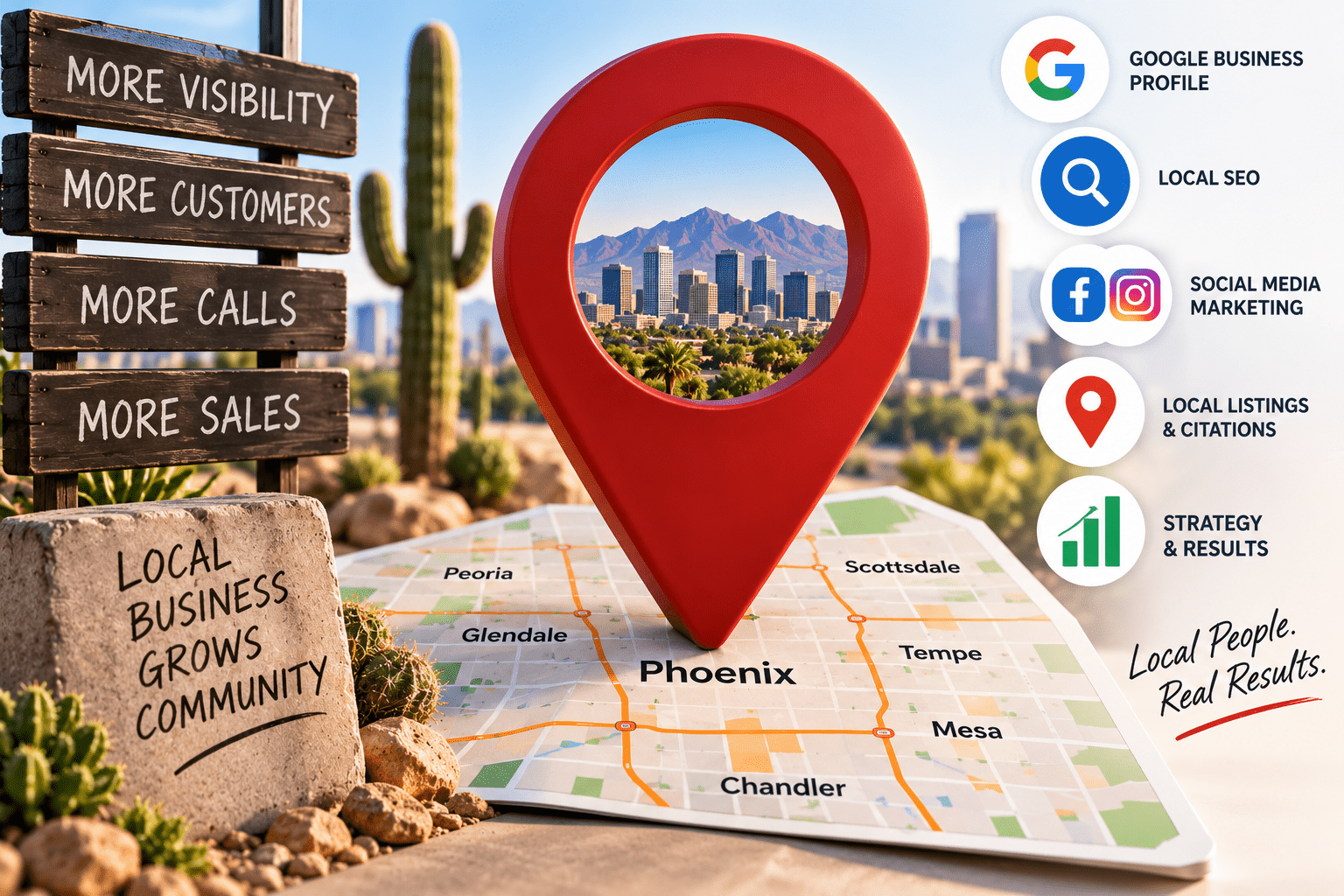 Local digital marketing for Phoenix area businesses including local SEO, Google Business Profile, social media and local listings