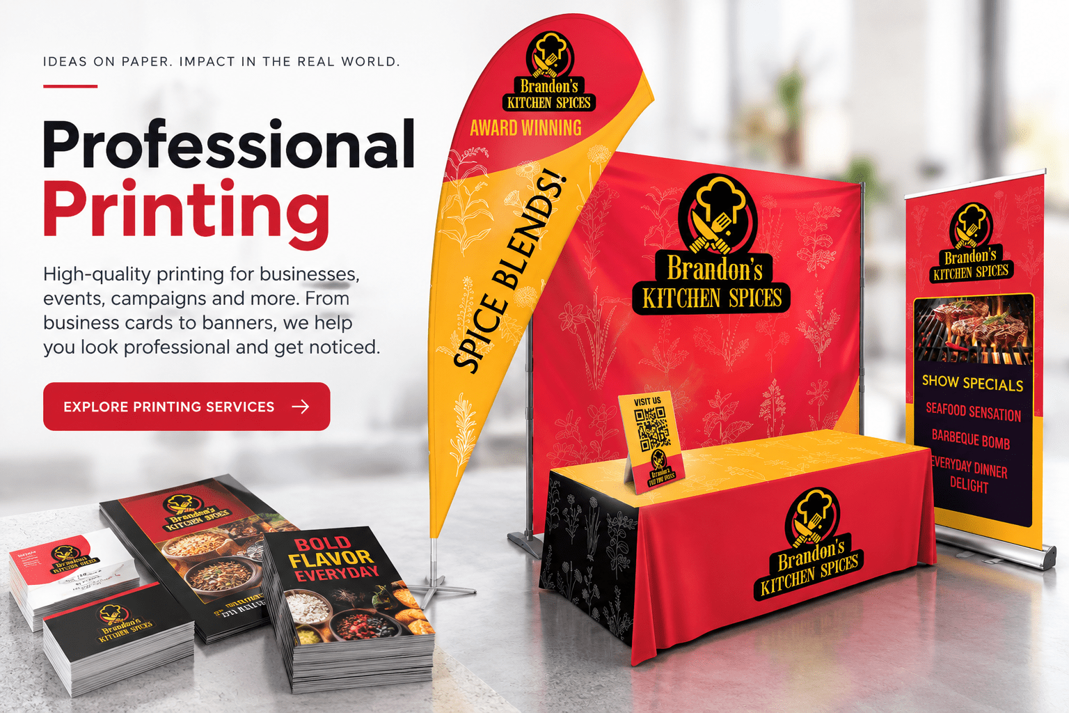 Professional printing display with banners, business cards, brochures and trade show materials