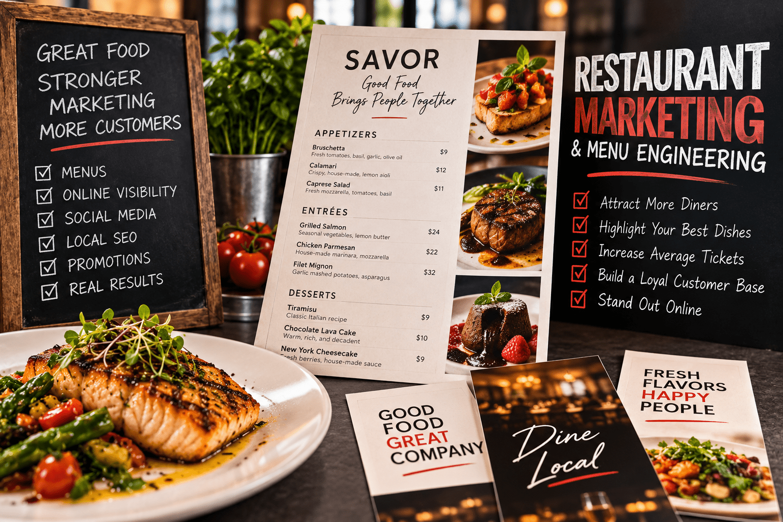 Restaurant marketing and menu engineering featuring strategic menu design, food presentation and customer-focused promotions