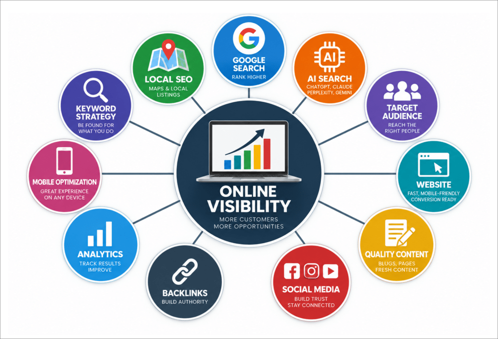 SEO and AI search visibility strategy showing how Google Search, local SEO, websites, content, keywords, analytics, backlinks and AI search work together to help businesses get found online