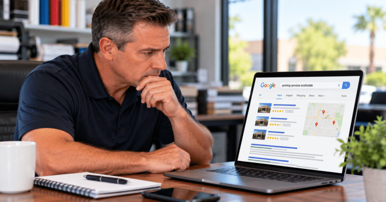 Small business owner reviewing website visibility and Google search results