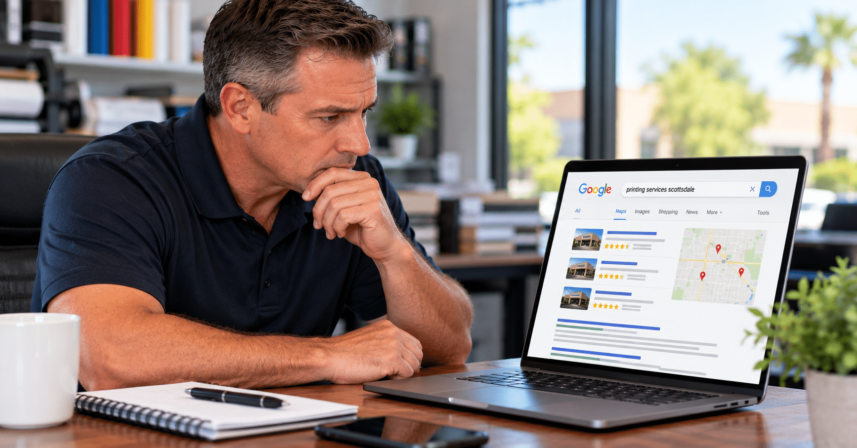 Small business owner reviewing website visibility and Google search results