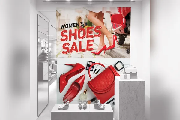 Double-sided 15oz blockout banner in a shoe store window