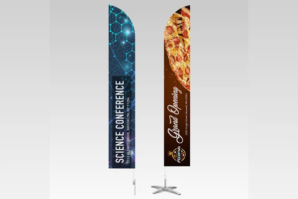 Two custom feather flags on stands