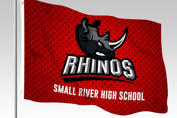 Red custom pole flag with a school mascot logo