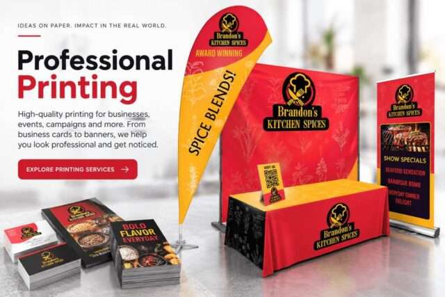 Professional printing display with banners, business cards, brochures and trade show displays
